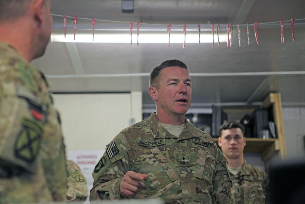 Maj. Gen. James McConville visits FOB Lightning on Christmas Day