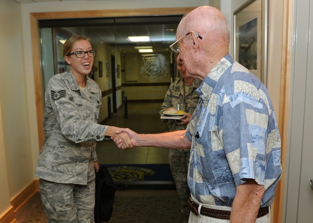 Retired chief master sergeant of the Air Force makes brief office call