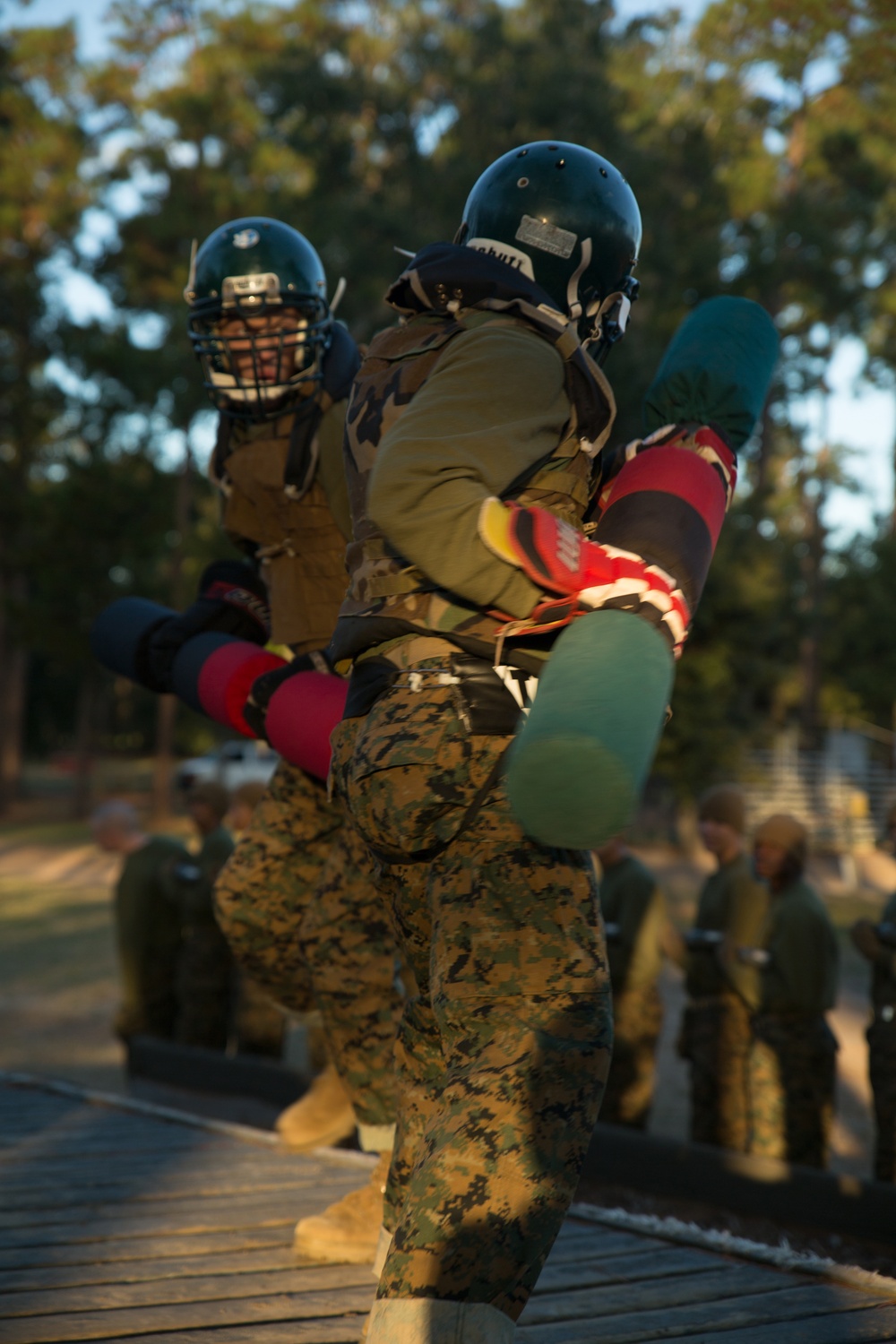 Marine recruits compete in simulated bayonet battles on Parris Island