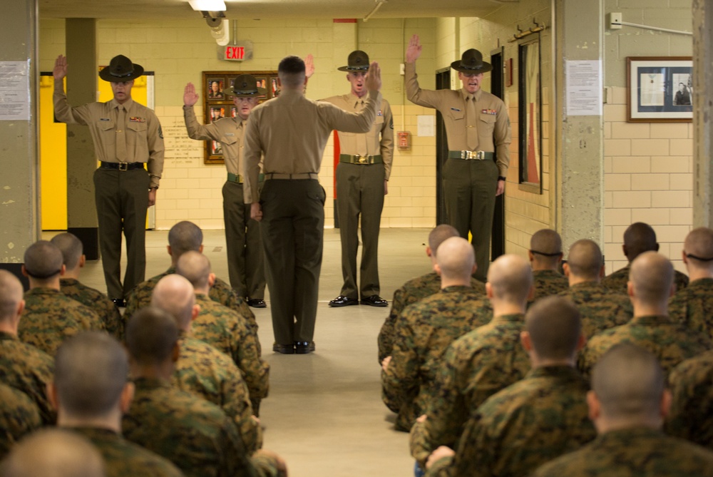 Marine recruits come face-to-face with drill instructors on Parris Island