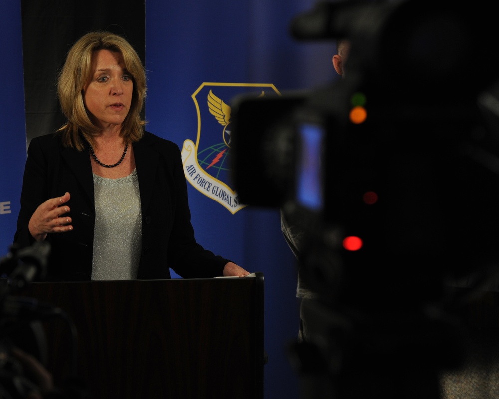 Secretary of the Air Force Deborah Lee James speaks at Barksdale AFB