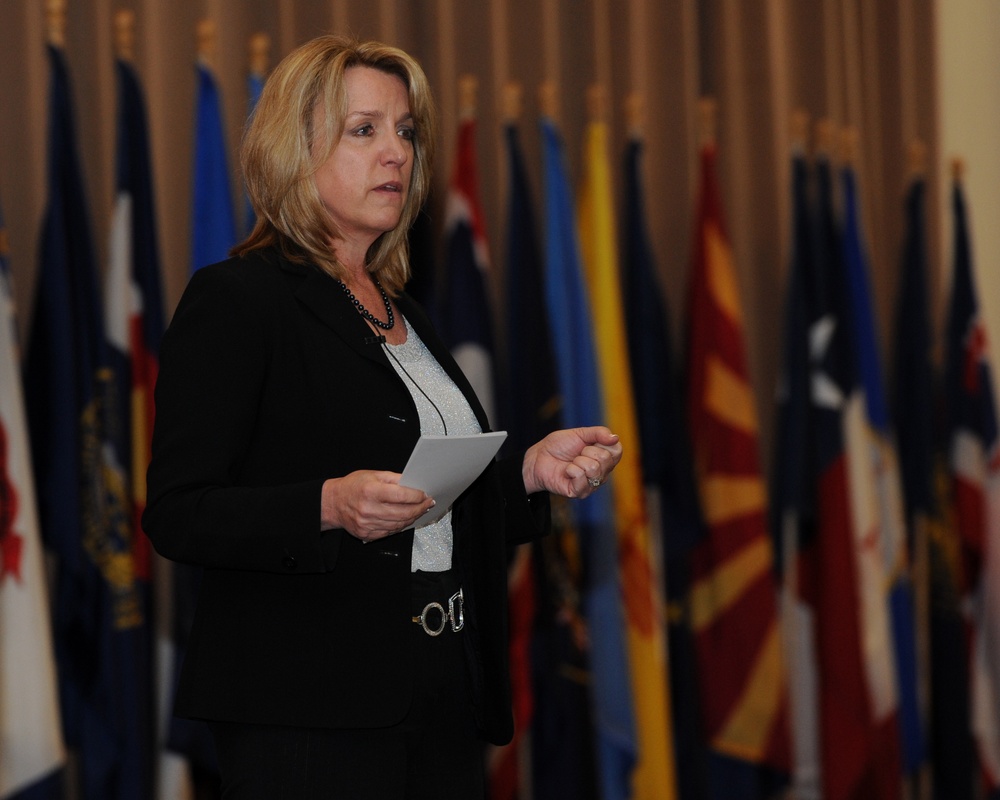 Secretary of the Air Force Deborah Lee James speaks at Barksdale AFB