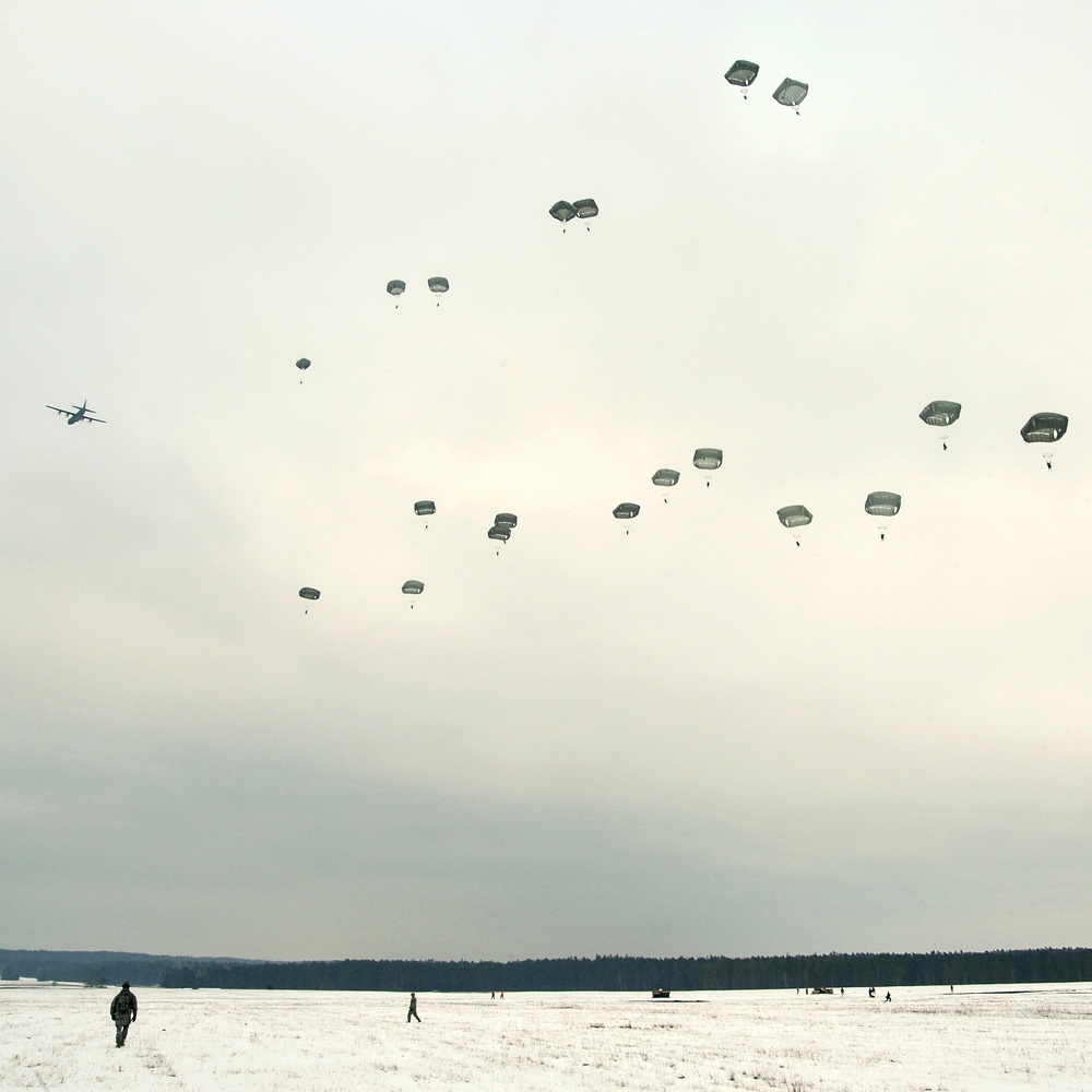 173rd Infantry Brigade Combat Team (Airborne) equipment and personnel drop in Grafenwoehr, Germany