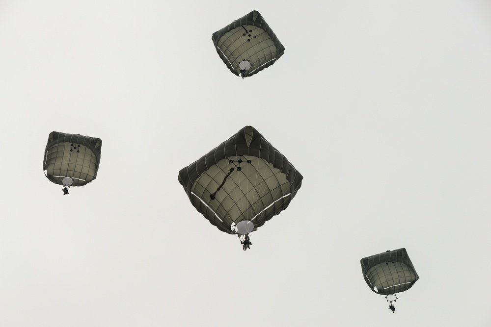 173rd Infantry Brigade Combat Team (Airborne) equipment and personnel drop in Grafenwoehr, Germany