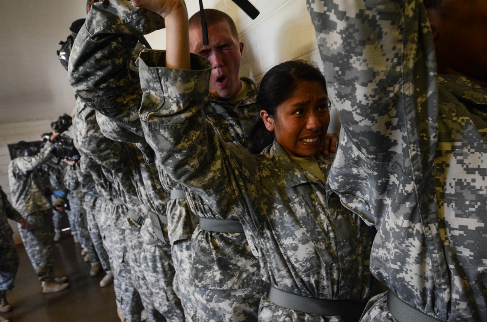Basic training soldiers enter gas chamber