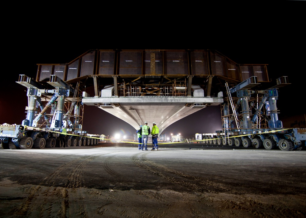 US Navy flyover bridge moved into place