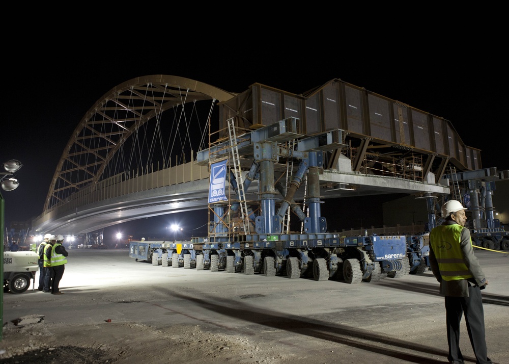 US Navy flyover bridge moved into place