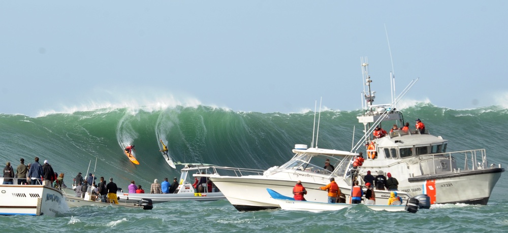 A Coast Guard Station Monterey motor lifeboat helps maintain safe vessel traffic at Mavericks