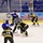 A hockey game is taking place on an indoor ice rink, likely in Alaska based on the 'The Alaska C...' and 'Icemen' branding visible on the boards. A referee is conducting a face-off between a blue-uniformed 'Icemen' player and a black-and-yellow uniformed player, while other players are positioned nearby. The arena appears to have sparse attendance, with only a few spectators visible in the blue seats behind the glass.
