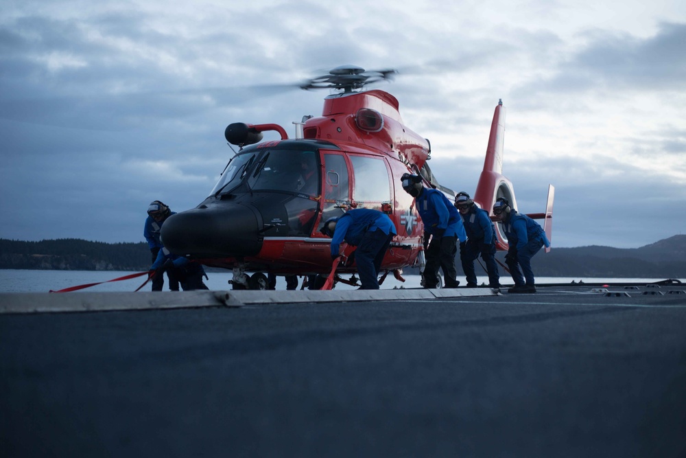 Coast Guard Cutter Alex Haley, Air Station Kodiak conduct flight deck training