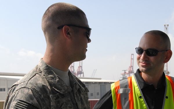 Command Sgt. Maj. Barja with the 371st Sus. Bde. tours cargo operations in Southwest Asia.