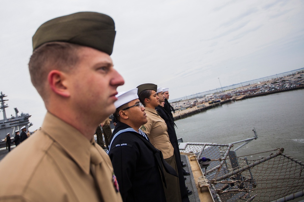 Marines, Sailors man rails as USS Bataan, 22nd MEU deploy