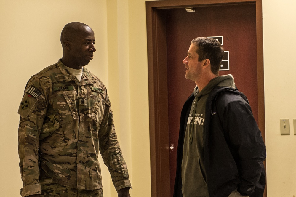 Ravens head coach John Harbaugh visits troops in Afghanistan