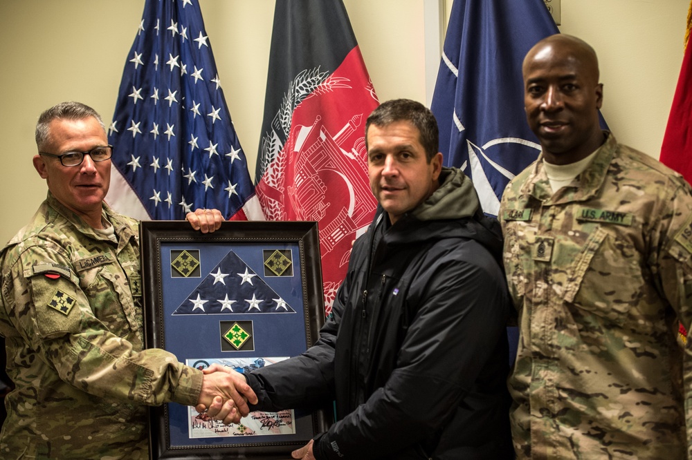 Ravens head coach John Harbaugh visits troops in Afghanistan