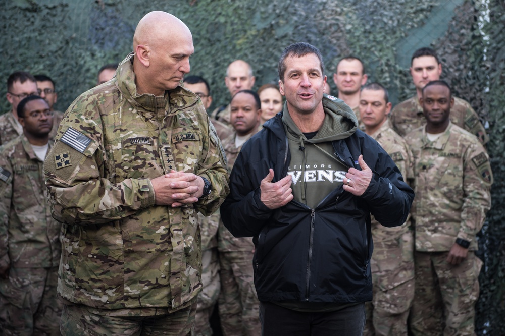 Ravens head coach John Harbaugh and Army Chief of Staff visit with Troops in Afghanistan