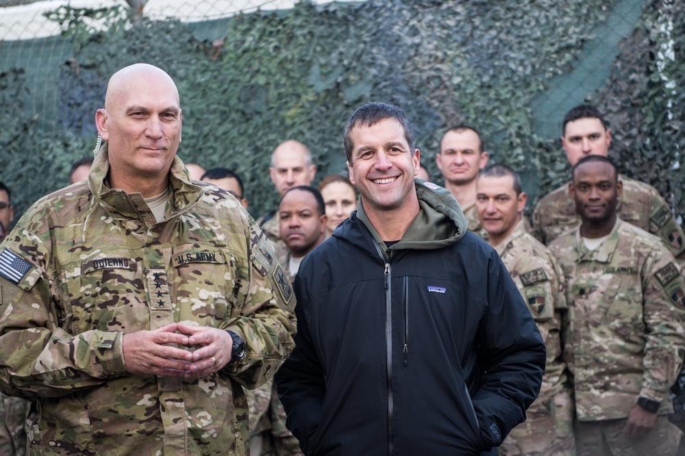 Ravens head coach John Harbaugh, and Army Chief of Staff visit with troops in Afghanistan