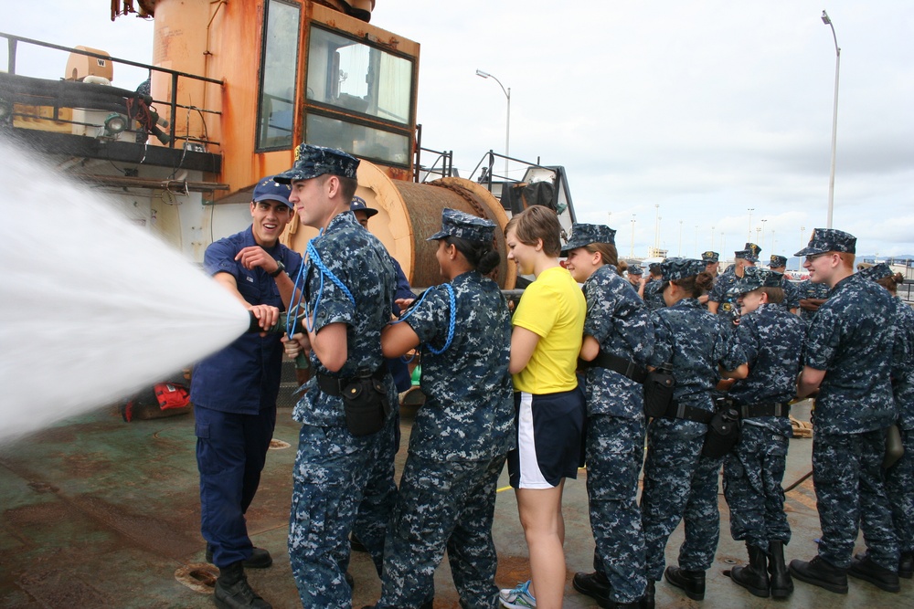 Sea cadets learn about firefighting aboard Coast Guard cutters