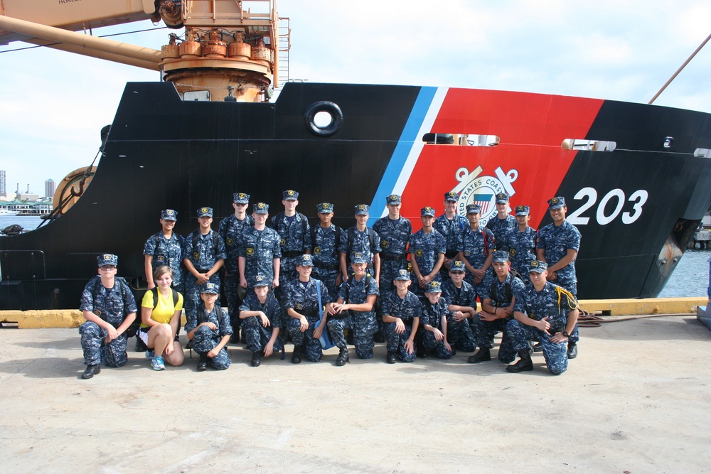 Sea cadets learn about firefighting aboard Coast Guard cutters