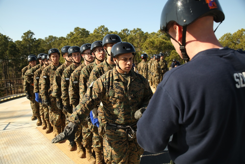 Photo Gallery: Marine recruits learn rappelling techniques on Parris Island