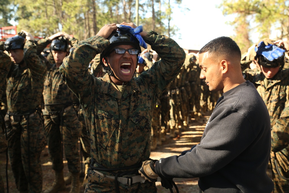 Photo Gallery: Marine recruits learn rappelling techniques on Parris Island