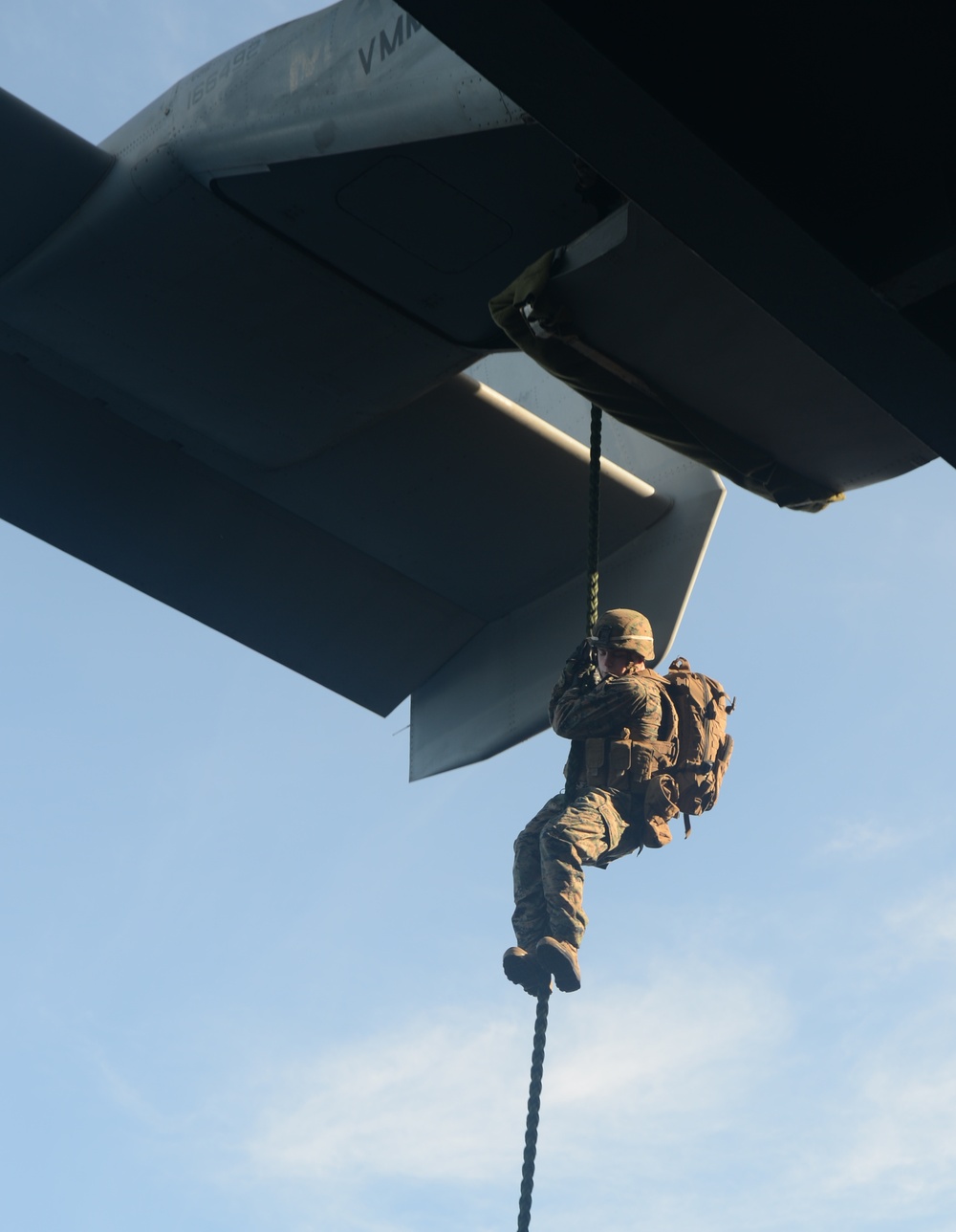 Marine fast-ropes from an MV-22 Osprey