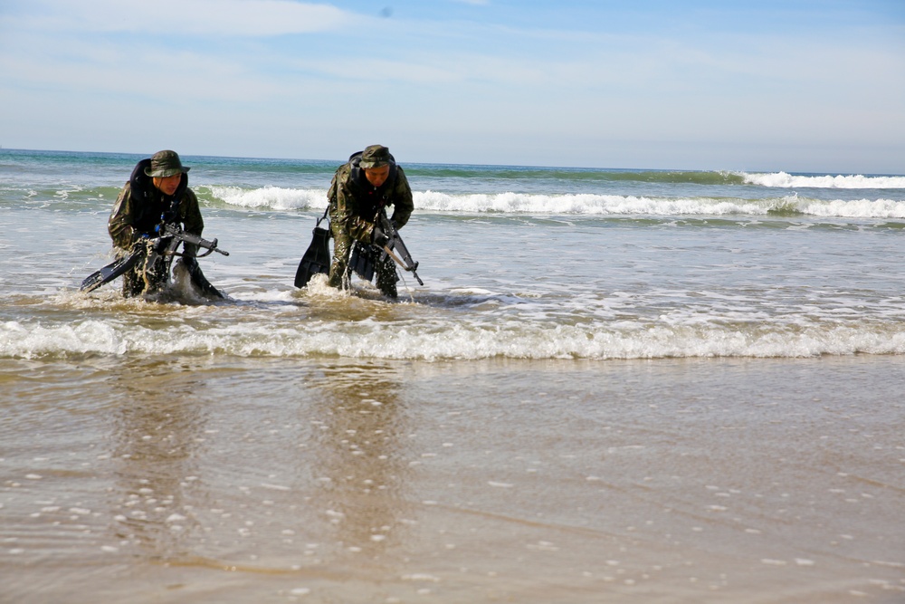 Recon Marines, JGSDF perform helocast, beach raid