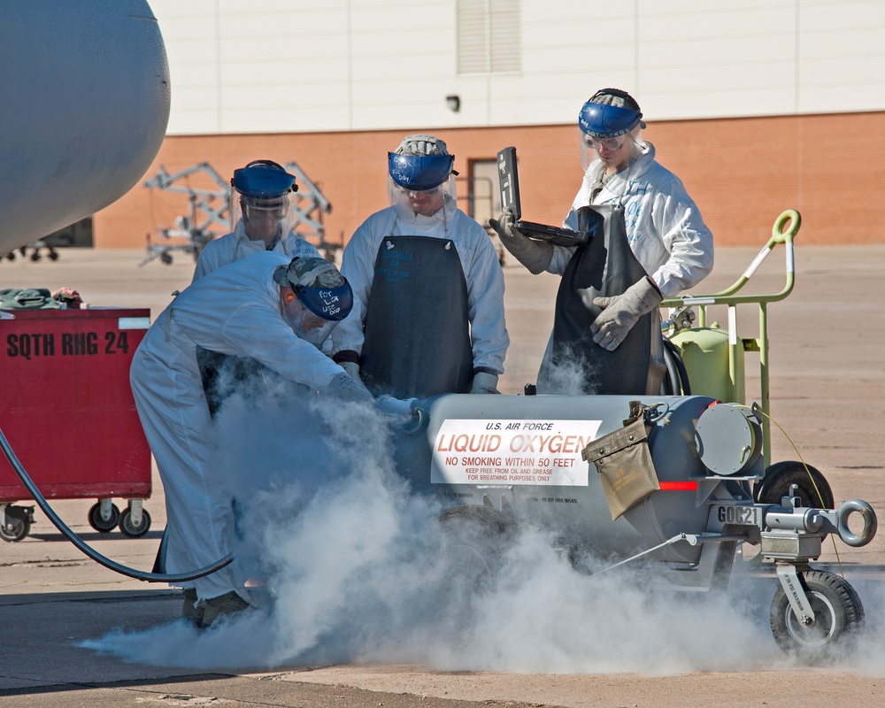 362nd Training Squadron transfers liquid oxygen to an LOX reservoir