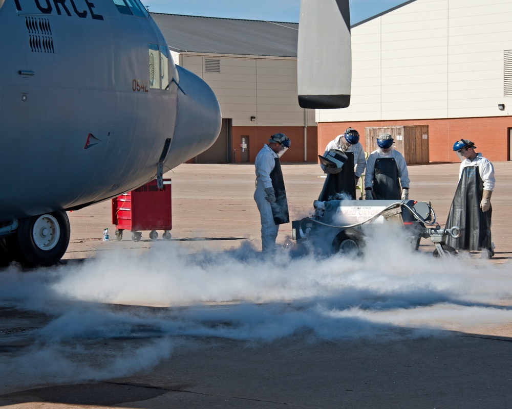 362nd Training Squadron transfers liquid oxygen to an LOX reservoir