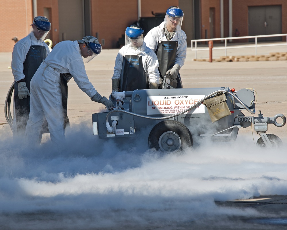 362nd Training Squadron transfers liquid oxygen to an LOX reservoir