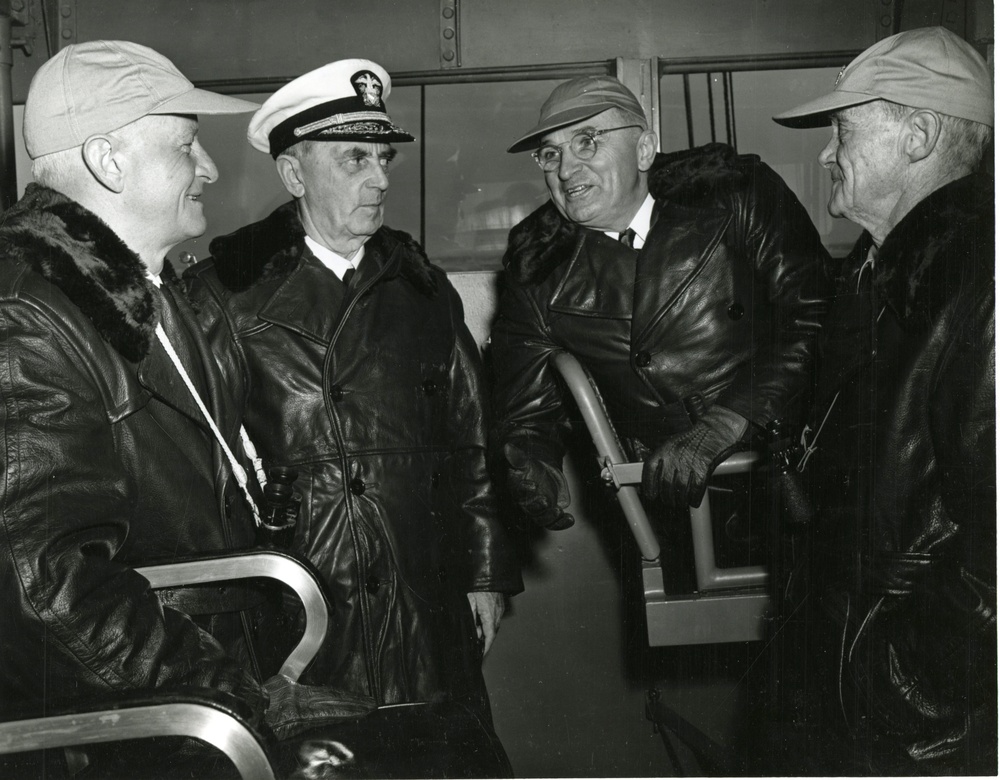 President Truman, Navy leaders aboard USS Franklin D. Roosevelt
