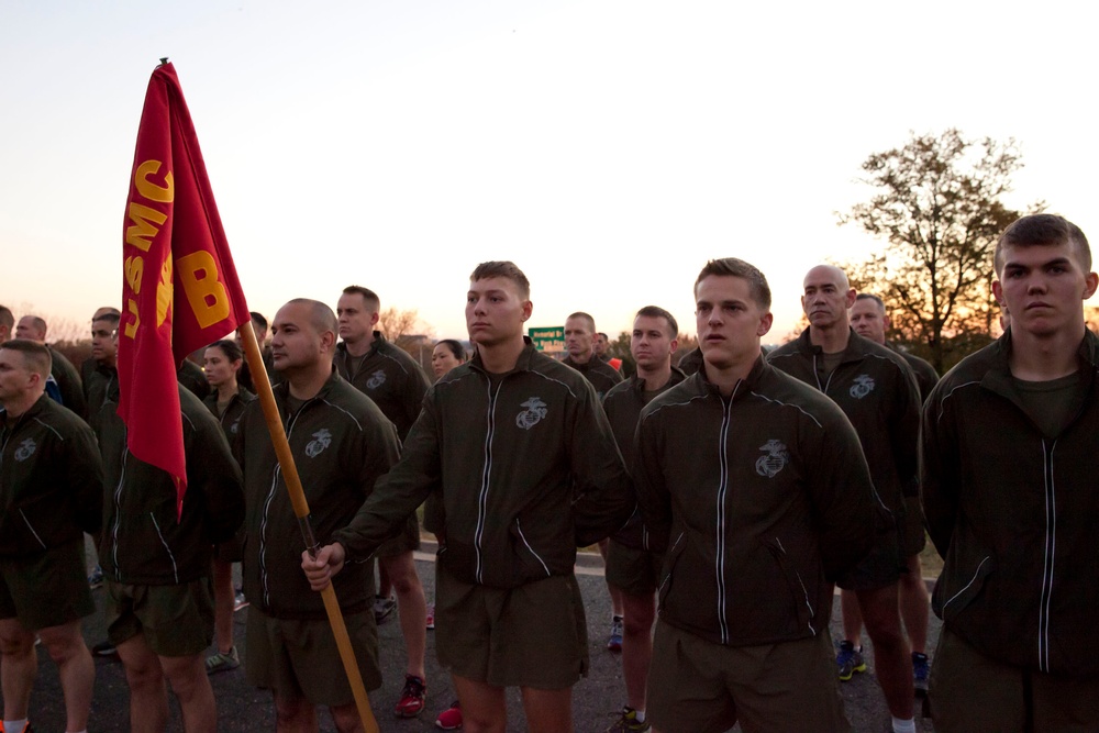 Marines run in honor of the 238th Marine Corps birthday
