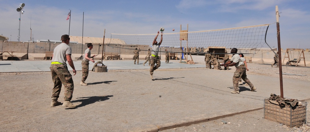 A game of volleyball to help keep spirits high