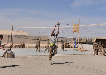 A game of volleyball to help keep spirits high