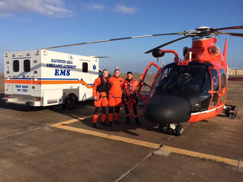 Flight mechanic's first medevac: rescues doctor from research vessel 190 miles off Galveston