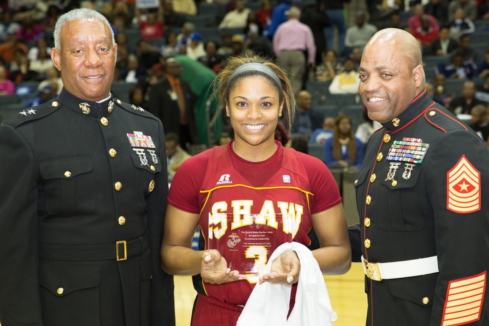 Shaw Univ. forward earns Marine Corps Excellence in Leadership Award in CIAA finals