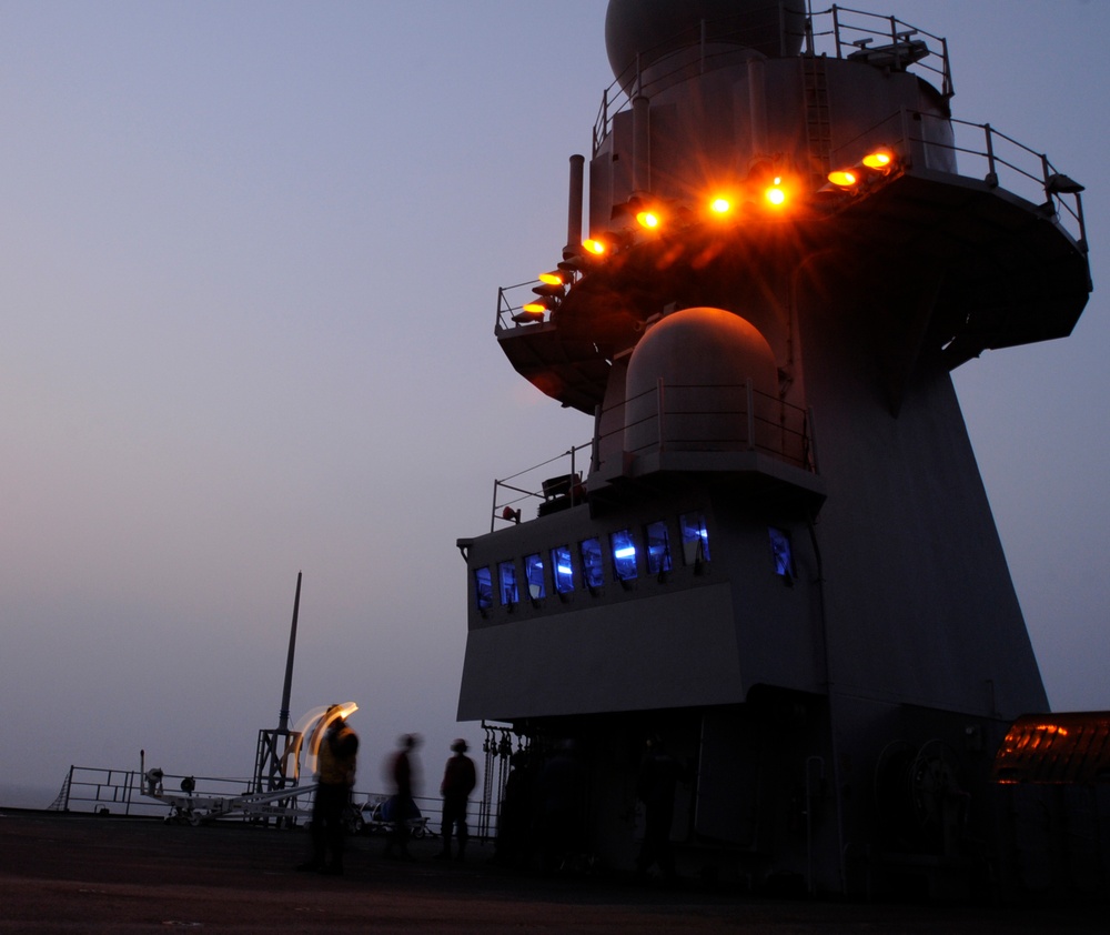 USS Blue Ridge nighttime vertical replenishment flight operations training