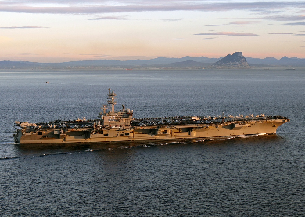 USS George H.W. Bush travels in the Strait of Gibraltar