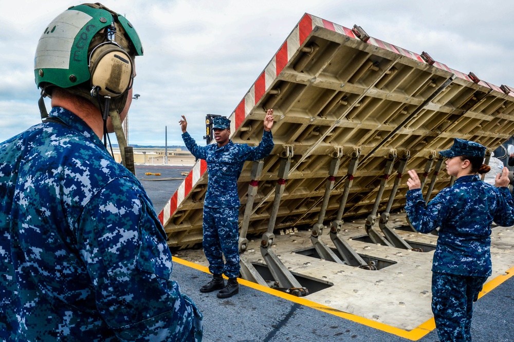 Sailors perform an operation test on jet blast deflectors