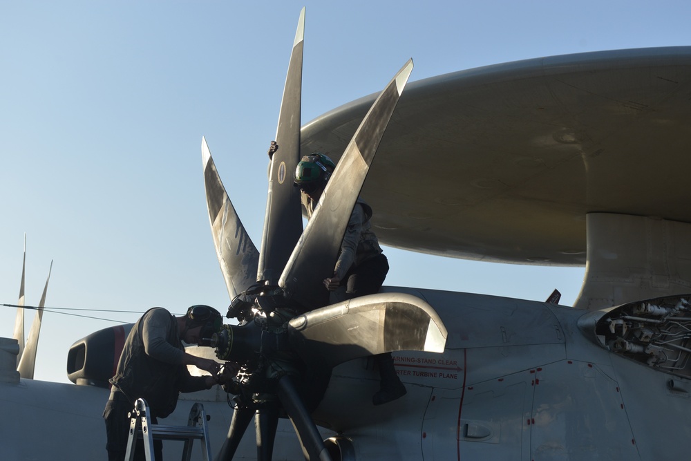 Maintenance on an E-2C Hawkeye aircraft