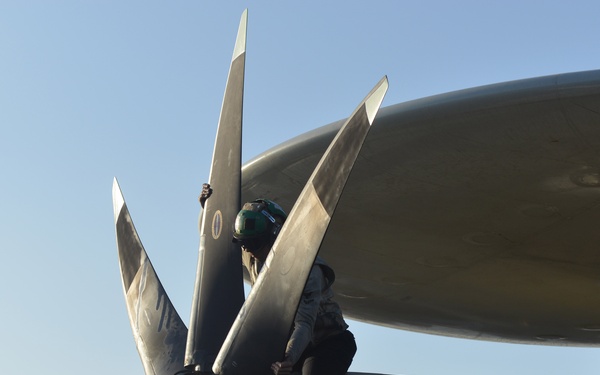 Maintenance on an E-2C Hawkeye aircraft