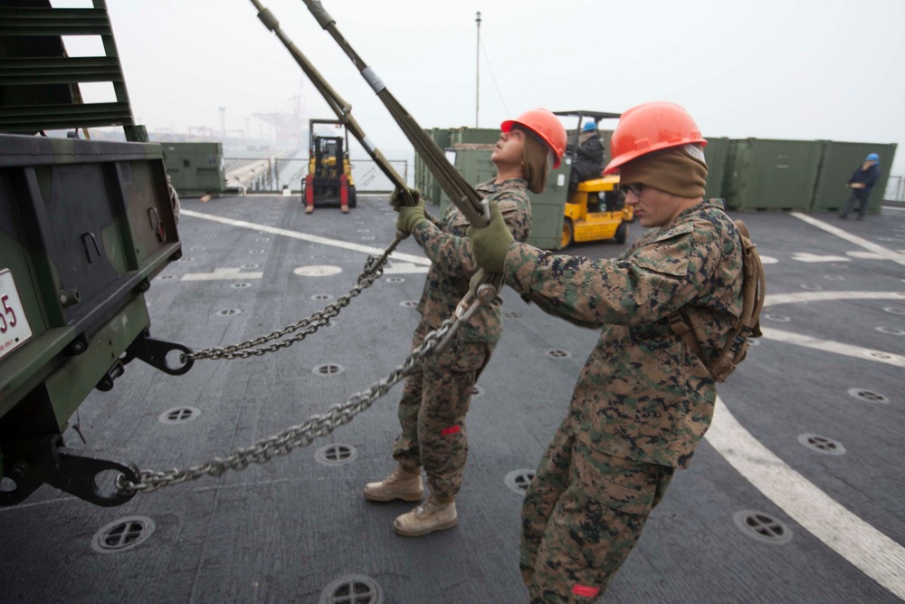 Marines offload equipment in preparation for Korean exercises