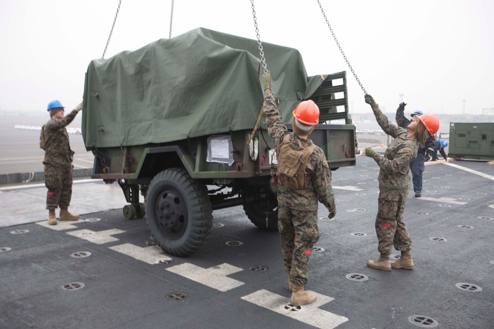 Marines offload equipment in preparation for Korean exercises