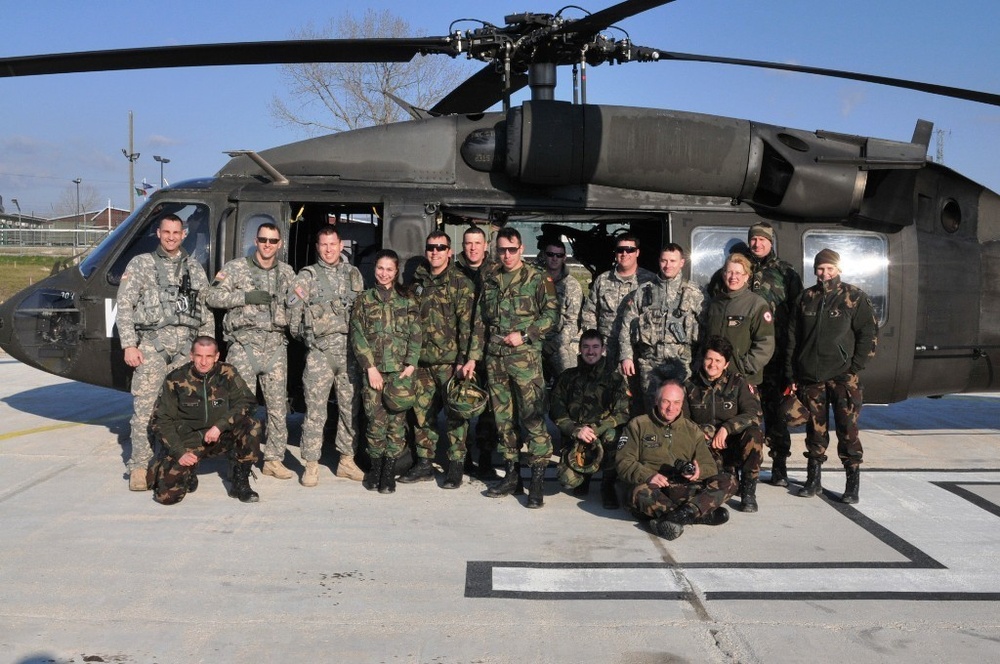 Group photo of U.S. Army medevac and Hungarian, Portuguese medics