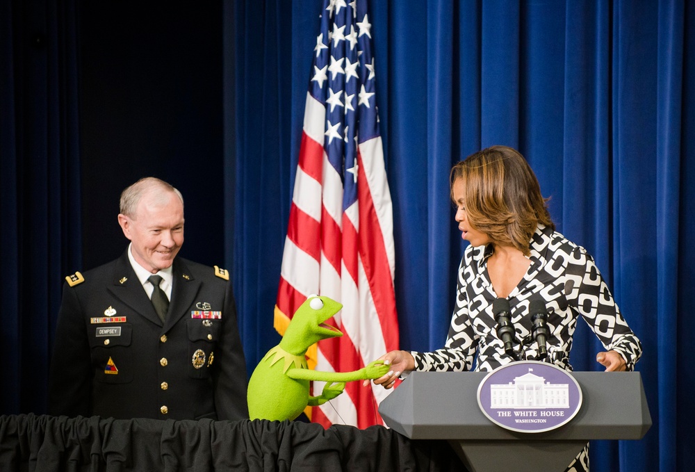 FLOTUS, Chairman Dempsey and Kermit Introduce Muppet Movie Screening to military families, guests at White House