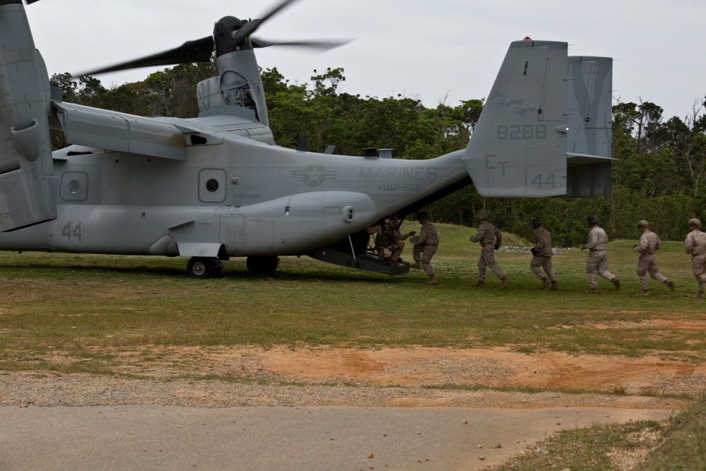 Recon Marines fast-rope from Ospreys