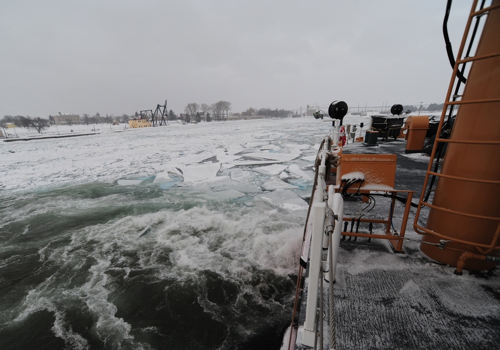 USCGC Mackinaw breaks ice in the St. Marys River