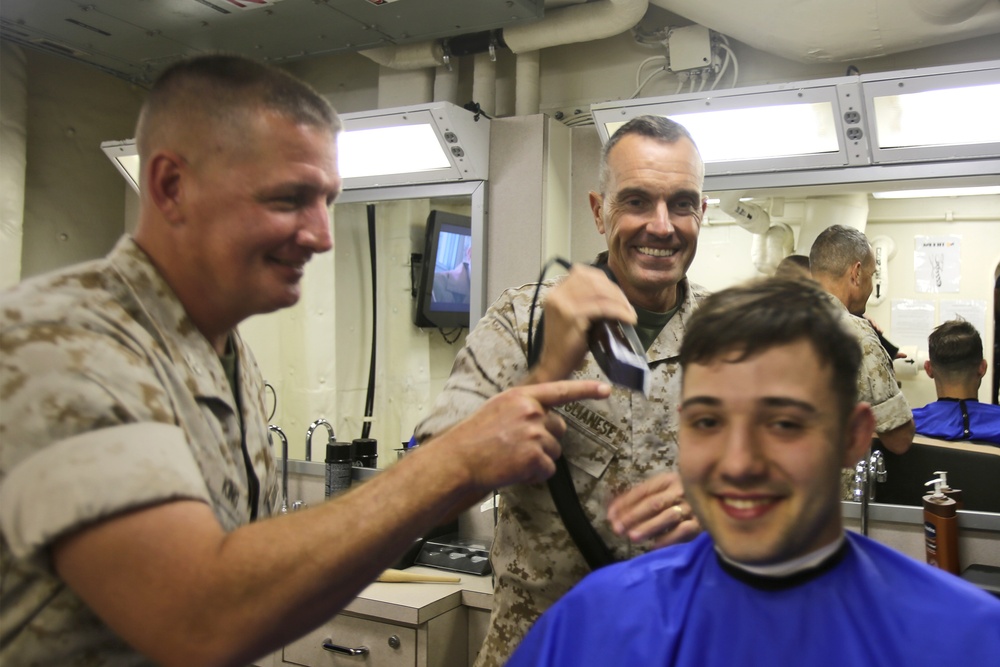 1st MLG commanding general visits Marines and sailors aboard Anchorage