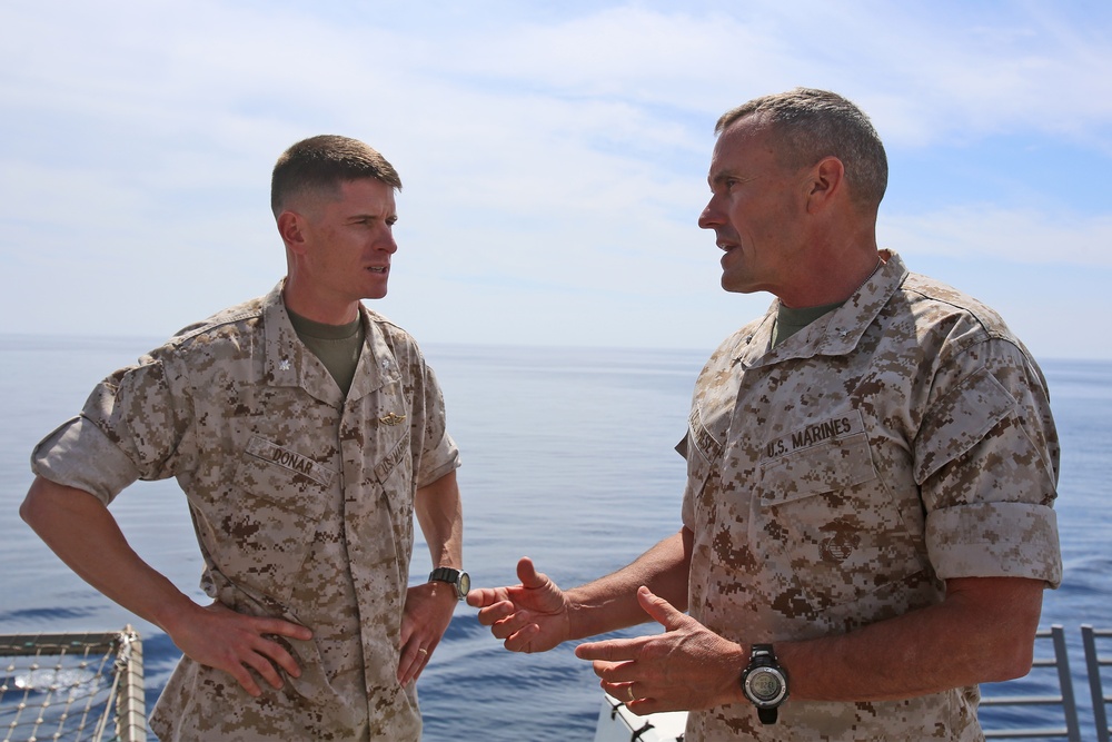 1st MLG commanding general visits Marines and sailors aboard Anchorage