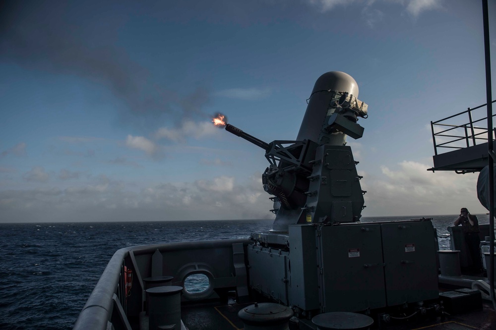 USS Boxer conducts pre-action calibration fire of the Close-In Weapons System