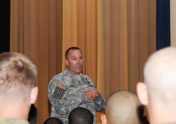 FORSCOM Command Sgt. Maj. Ronald T. Riling holds town hall